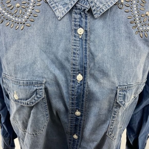 Christopher & Banks XL Western Blue Beaded Detail Shirt Roll Tab Sleeve - Picture 5 of 8